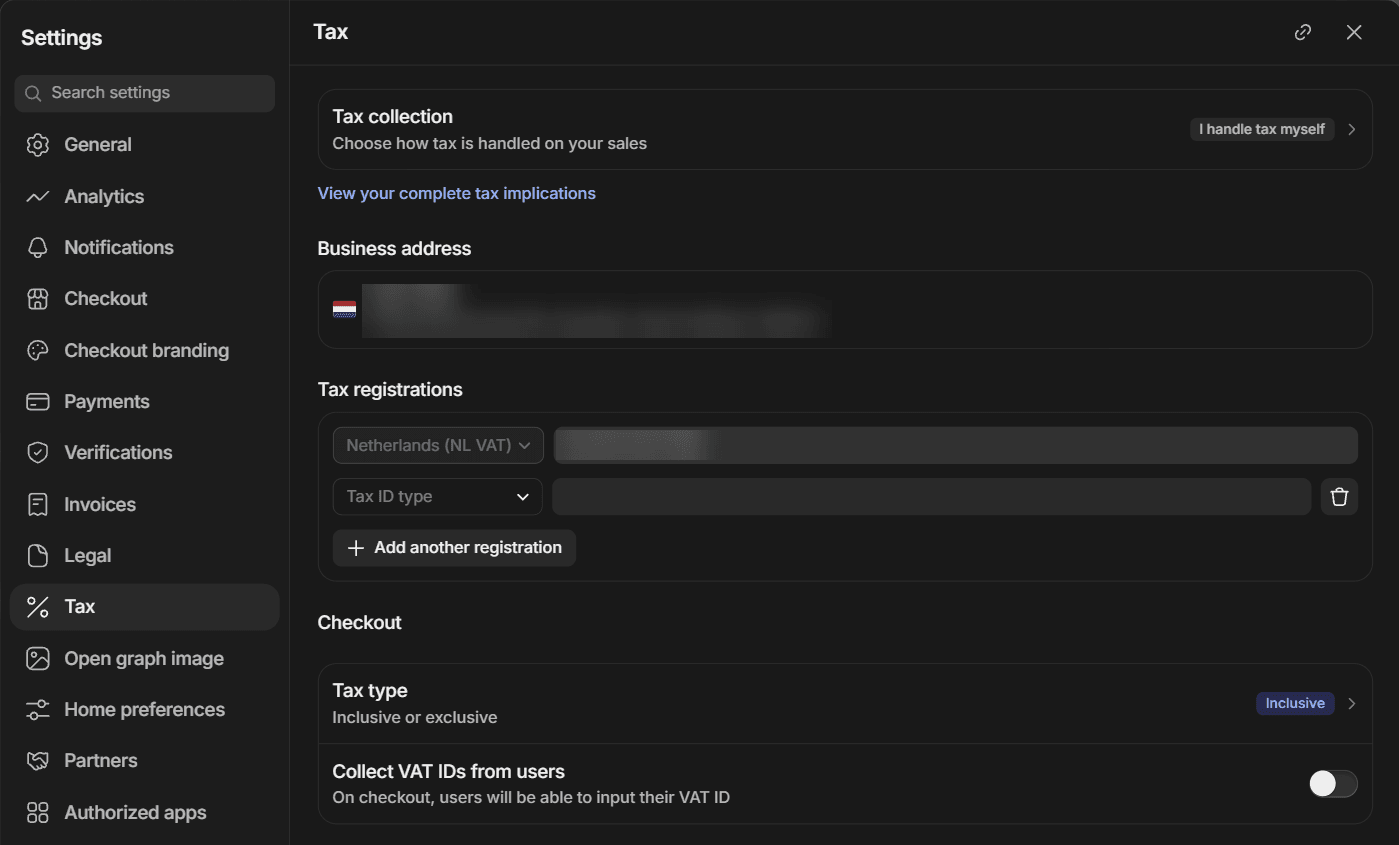 The Whop business dashboard, Settings, Tax: Tax collection set to I'll handle tax myself, and under Checkout the Tax type set to Inclusive.